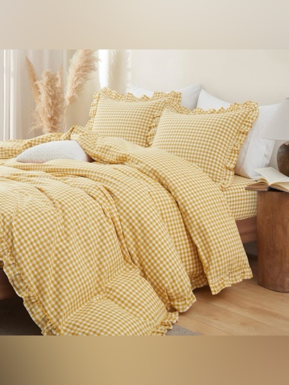 TWIN SIZE GINGHAM Ruffle Duvet Set 100% COTTON - MUSTARD YELLOW